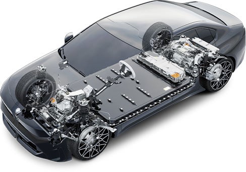 Transparent representation of the drive chain of the BMW i3 Sedan with highlighted drive train and battery architecture.